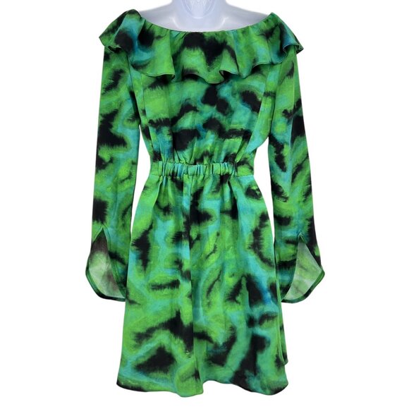Topshop Ruffle A-Line V-Neck Watercolor Bell Sleeve Mini Dress Green Size 4 NWOT - Picture 6 of 9